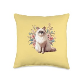 Ragdoll Cat with Flowers Beautiful Ragdoll Cat Throw Pillow, 16x16, Multicolor