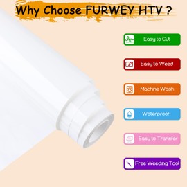 FURWEY Heat Transfer Vinyl White Iron on Vinyl-12"x 45Ft HTV Vinyl Roll Easy to Cut & Weed for Heat Vinyl Design