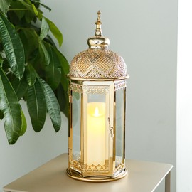 TRIROCKS Moroccan Candle Lantern15'' Gold Hexagonal Candle Holder with Tempered Glass Decorative Indoor Outdoor Ramadan Lantern for Living Room Garden Yard Patio Parties Events (Gold)