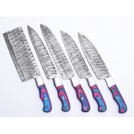 Beautiful Hand Made damascus steel 5pcs chef set, Kitchen knives set with leather kit (OB-011)