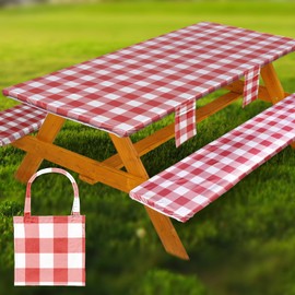 Picnic Table Cover with Bench Covers Vinyl Elastic Edges Fitted Rectangle Seat Tables Waterproof 3-Piece96X30in Set Outdoor Rectangular Folding Backing Tablecloth for Camping Over SizeTie-Dye 55
