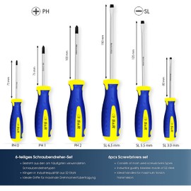 S&R Schraubendreher Set 6-tlg magnetisch, Kreuzschlitz PH und Schlitz SL, Power-Form Schraubendrehersatz, angepasster Ergo-Griff, Profi Schraubenzieherset mit hochlegierten S2 Spezialstahl Klingen