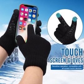 Fjquamitix Thermal Touch Screen Gloves for Men Women, Winter Warm Elastic Non-slip Soft Fleece Lined Knitted Gloves (Black, L)