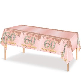 137*274cm Rose Gold 60th Birthday Table Cloth 60th Party Table Decorations,60th Birthday Tablecover Rose Gold Plastic Disposable Waterproof Table cover for Women Her Birthday Party Decorations