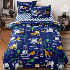 Leaflin Boys 5 Piece Twin Bed Set - Includes Comforter & Sheet Set - Bedding Features Cartoon Construction Car Excavator Tracks Print - Super Soft Fade Resistant Microfiber