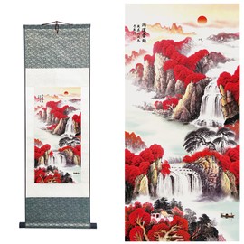 Ziosxin - Pincel de arte chino con tinta para paisaje, flor y pájaros, tapiz asiático de seda para colgar en la pared (puesta de sol sobre el río largo, 39 x 12 pulgadas/100 x 30 cm)