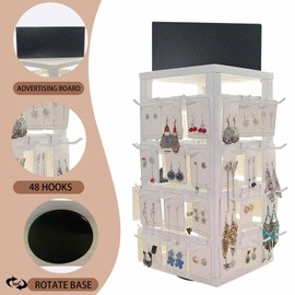 Jewack Wooden rotating Jewelry Display Stand with Removable 48 Hooks advertising board, For Earring Cards necklace bracelet Keychain Jewelry Organizer For Selling For vendor events (White)