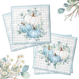 40Pcs Blue Pumpkin Napkins-Autumn Harvest Thanksgiving Disposable Paper Napkins Watercolor Blue Pumpkin Plaid Decorations for Baby Shower,Birthday