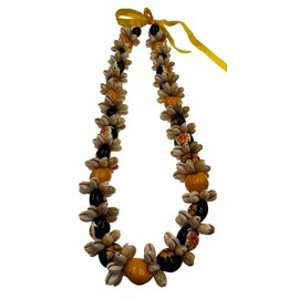 Kukui Nut Necklace Lei - with Shell & YELLOW Turtles/Hibiscus