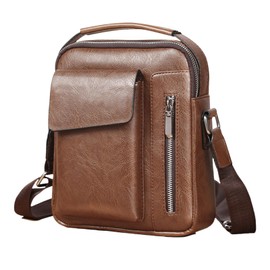 Leather Men's Crossbody Shoulder Bag, Messenger Bag for Men with Zipper, Casual Small leather Purse (Brown)