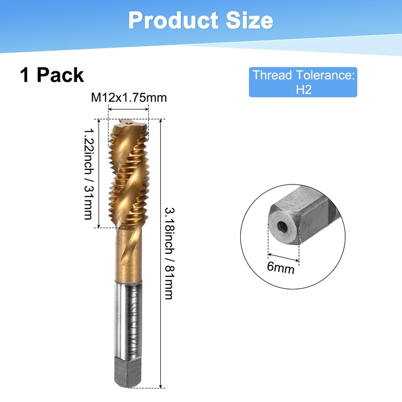 M METERXITY M12x1.75mm Metric Thread Tap, HSS Titanium Coated 81mm