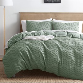 Nestl Green Duvet Cover Queen Size - Boho Bedding Queen Duvet Cover Set, 3 Piece Tufted Double Brushed Boho Duvet Cover with Zipper Closure, 1 Queen Size Duvet Cover 90x90 Inches and 2 Pillow Shams