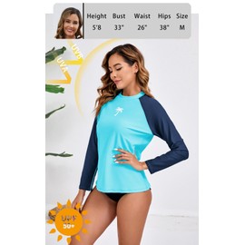 Halcurt Women's Long Sleeve Rash Guard Swim Top UPF50+ SPF Sun Protection Swimsuit Quick Dry Bathing Suit Light Blue Navy S