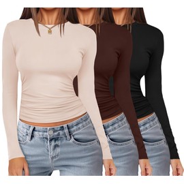 Ekouaer 3PCS Women Long Sleeve Shirts Stretchy Round Neck Basic Tees Compression Thermal Undershirts Vintage Work Out T-Shirts with Side Shirring Black+Brown+Beige L
