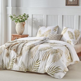 Lekesky Bed Linen 135 x 200 cm 4-Piece - 2 Duvet Covers 135 x 200 cm + 2 Pillowcases 80 x 80 cm, White Duvet Cover with Golden Tropical Palm Leaf Pattern Bedding Sets Microfibre with Zip