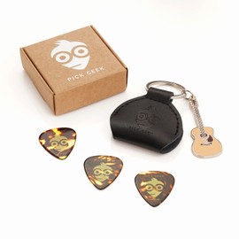 Pick Geek Black Leather Pick Holder with Miniature Martin Keyring | 100% Handmade Real Leather | Includes 3 FREE Pick Geek Guitar picks | Made with Jewellers Metal, Antony Scott