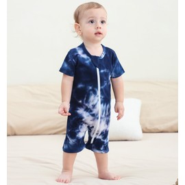 Owlivia Baby Short-Sleeve Summer Romper Set, 2-Pack Tank Romper Jumpsuit for Girls and Boys, Cartoon One-Piece Coverall Outfit(6-12 Months, Blue Dinosaur & Tie Dye Dark Navy)