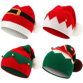 JaGely 4 Pcs Christmas Hats Elf Knitted Xmas Holiday Beanie Child Santa Hat for Kids Winter Red White Green(Classical Style)