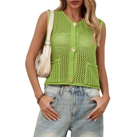 Saodimallsu Womens Crochet Sweater Vest Button Down Sleeveless Crew Neck Boho Knit Crop Tank Tops Summer Cardigans Green