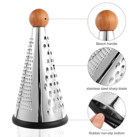 Cone Parmesan Cheese Grater - Stainless Steel Triple Function Wood Table Parmesan Shaver Non-Slip Rubber Bottom Hand Held Multifunction Vegetables Grater for Kitchen (XL: 10" X 5")