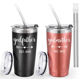 LiqCool Godparents Gift, Godparents Proposal Gift from Godchild, 20 Oz Godmother & Godfather Est 2025 Tumbler Set, Cool Gifts for Godparents on Christmas Birthday Mother's Day(Black&Rose Gold)