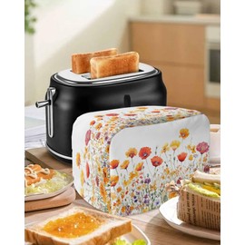 Poppy Flower Toaster Cover 2 Slice with Pockets, Watercolor Orange Red Floral Daisy Dustproof Cover for Kitchen Small Appliances Fingerprint Protection, Retro Spring Kitchen Bread Machine Protector