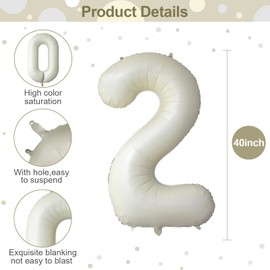 Cream Number 2 Balloons - Large 40 Inch Beige Birthday Number 2 Helium Foil Digit Balloons with Self-sealing Design for Girls Boys Birthday Anniversary Baby Shower Decorations