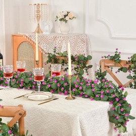 Dolicer 4 Packs 24 FT Artificial Eucalyptus Garland, Faux Greenery Garlands with Boxwood Flowers, Fake Silver Dollar Eucalyptus Leaves Vines for Wedding Table Wall Party Home Decoration, Fushia