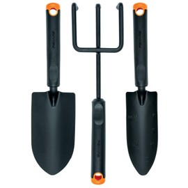 Fiskars Garden Tool Set, 3 Pieces, Flower Rake, Trowel, Trowel, Stainless Steel Head/Plastic Handle, Black/Orange, Ergo, 1027681