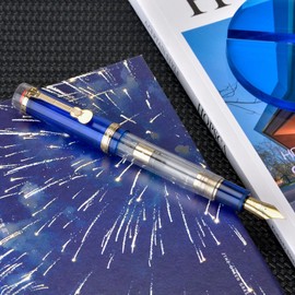 Jinhao Tiandao 1935 Fountain Pen Fine #8 Sword Nib, Blue and Clear Acrylic with Large Converter and Guitar Clip