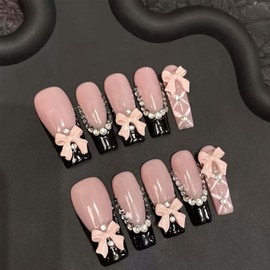 10Pcs Handmade Press On Nails Long Square Fake Nails Bow With Rhinestone Design French Tip False Nails Reusable Stick On Nail Acrylic Glue On Nail For Women (SIZE:S)