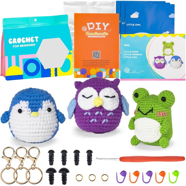 JETOHIX Beginner Crochet Kit 3 PCS Cute Animal Complete Crochet Kit for Beginners for Frog, Penguin, Owl with Crochet Hooks, Accessories Kit Starter with Step-by-Step Instructions for Beginners Adults
