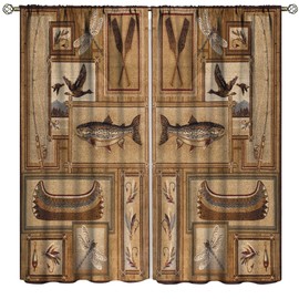 ESPROUTTY Rustic Vintage Curtains, Small Wooden Boat and Fish Decorative Window Curtain Panel Pair, Suitable for Fishing Lovers 55x63in