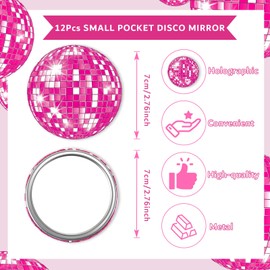 12 Pcs Disco Ball Compact Mirror Bulk 2.76In Hot Pink Cowgirl Handheld Mirror Glitter Disco Party Vintage Round Pocket Mirror Makeup Portable for Girls Women Gift Birthday Bachelorette Party Favors