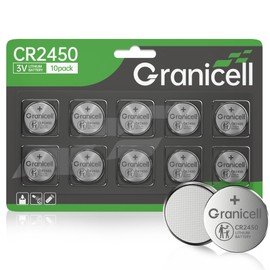 Granicell CR2450 Lithium 3V Coin Battery Long Lasting, Child Safety, Suitable for Key Fobs, Remote Control, Alarm Clock and More (CR2450-10)