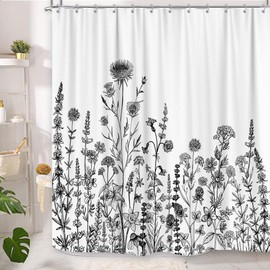 GOAOK Vintage Boho Shower Curtain Black and White Theme, Floral Aesthetic Dark Wildflower Botanical Flowers Shower Curtain for Bathroom with Hook, Farmhouse Plant Art Chic Shower Curtain 72X72