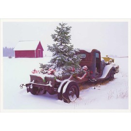 Palm Press Snow Covered Evergreen Tree on Vintage Truck Near Red Barn Christmas Card