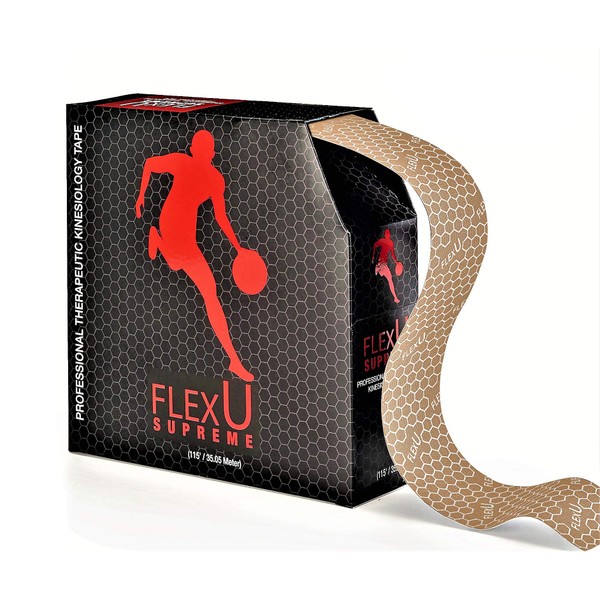 FlexU Kinesiology Beige Tape; 115 feet Continuous Bulk Pack. Pro-Grade Hypoallergenic; Alleviates Pain, Reduces Swelling & Induces Faster Recovery from Sports Injuries.