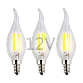 OPALRAY 12V - 24V DC Low Voltage LED Candle Bulb, 4W 400Lm, 6000K Cool White Light, 40W Incandescent Replacement, Dimmable with DC 12V PWM Dimmer, Clear Glass Flame Tip, 12Volts Power Operated, 3-Pack