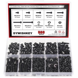DYWISHKEY 566 Pieces M3 Black Screws, 12.9 Grade Alloy Steel M3x 4/6 /8/10 /12/16 /20mm Hex Socket Head Cap Screws Bolts Nuts Washers Assortment Kit