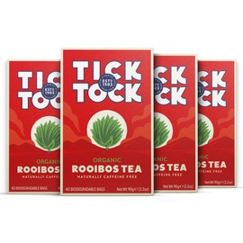 Tick Tock Organic Rooibos Tea, Caffeine-Free Tea, Pack of 4 x 40 Tea Bags (160 Teabags), Naturally Sweet Herbal Tea, Biodegradable, Rooibos Tea UK, Redbush Tea for Wellbeing and Relaxation.