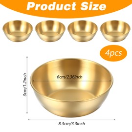 SynHHergyx 4Pcs 3.2Inch Round Small Gold Bowls for Dips, Stainless Steel Sauce Dip Bowl, Sushi Dipping Bowls, Mini Individual Saucers Bowl Appetizer Plates Soy Sauce Dishes, Seasoning Plate