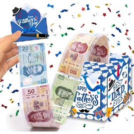 Caja de Regalo Sorpresa para Dinero en Efectivo del Día del Padre, Kit Pull out Box Extraíble para Papá con 30 Bolsas Transparentes, Cinta Adhesiva, Regalo Creativo Best Dad Ever para Papá, Diseño de Cuadros Azules