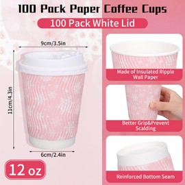 JarThenaAMCS 100 Sets 12 oz Christmas Snowflake Coffee Cups with Lids Pink Winter Snowflake Insulated Corrugated Ripple Wall Paper Cups for Home Office Xmas Party Supplies
