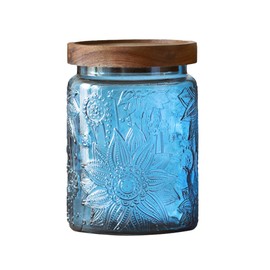 ANSQU Vintage Glass Jar, 23.7 FL OZ Decorative Mason Jar with Solid Wood Lid, Tea Storage Canister for Kitchen Bath Salts, Laundry Detergent, Coffee, Cookie, Candy Jar, Cute Jar (Blue, 1 Pack)
