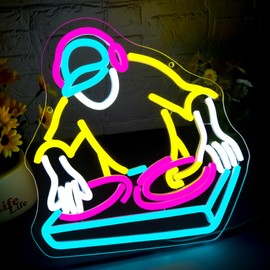 DJ Player Neon Sign for Wall Decor Dimmable Music Neon Light for Man Cave LED Light Up Sign for Music Room Studio Stage Dancing Hall Bar Bedroom Party Birthday gift Art 12.8 * 11.8In (WZCP222)