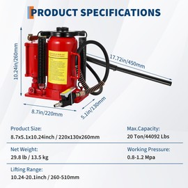 20 Ton Air Hydraulic Bottle Jack, Pneumatic Hydraulic All Welded Bottle Jack w/Manual Hand Pump and Handle, Heavy Duty Car Pickup Truck RV Auto Repair Lift, 40000 Lbs, Red
