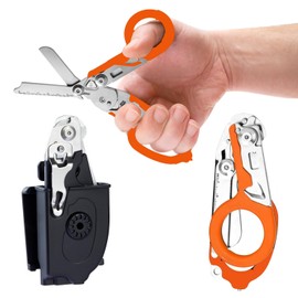 Heavy Duty 6 in 1 Multifunctional Trauma Shears Foldable | Stainless Steel emergency response scissors | Survival Shears with Holster | Medical Trauma shears Tactical With Strap Cutter | Orange