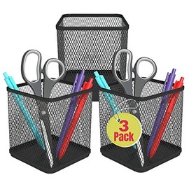 1InTheOffice Pen Cup Holder, Metal Mesh Pencil Cup Holder, Stackable Wire Mesh Regular Pencil Holder, Matte Black 3/Pack