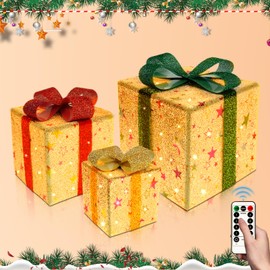 Robofun Set of 3 LED Christmas Gift Boxes, 8 Flash Modes and Remote Control, LED Decorative Gift Box with Timer, Christmas Decoration Gift Boxes for Christmas Tree, Silver